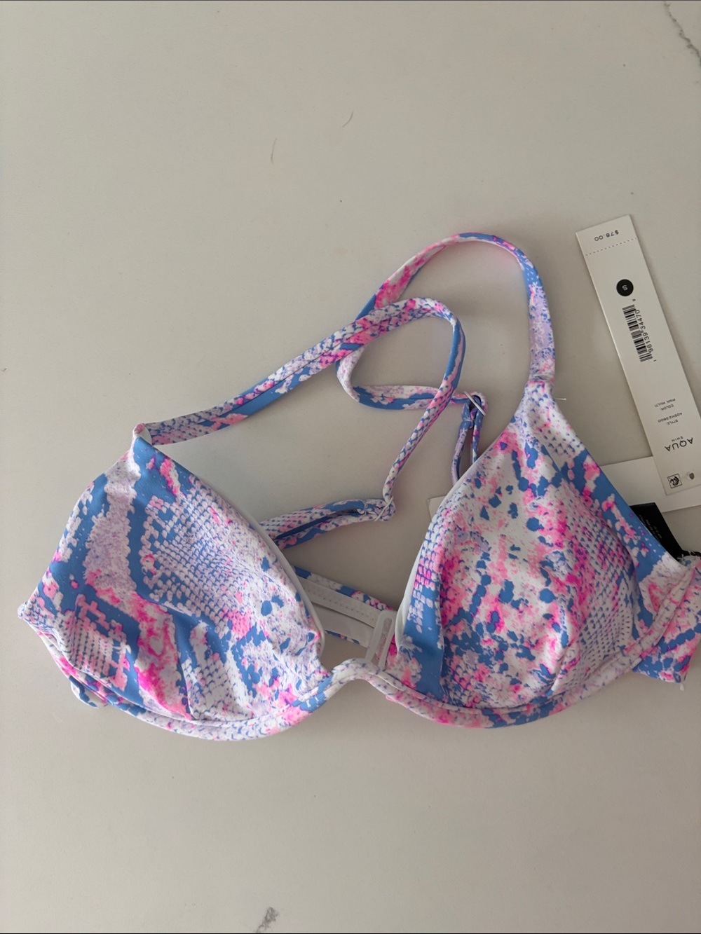 Aqua Pink, Blue & White Abstract Print Bikini Top